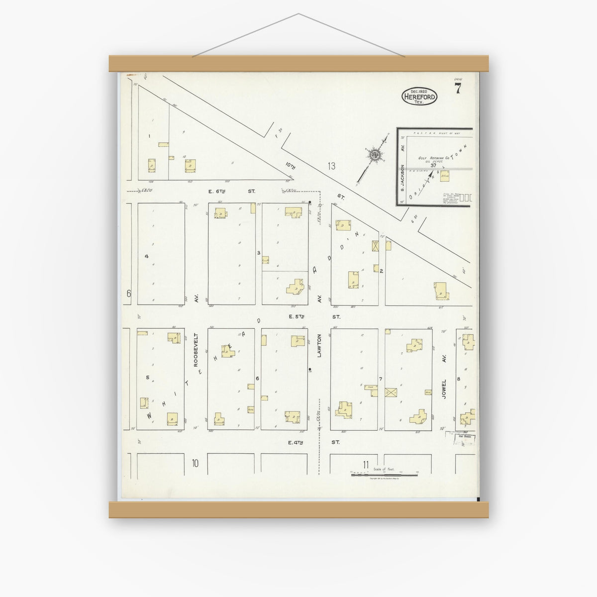 Old map wall art mockup — magnetic wood frame on white wall — Sanborn Fire Insurance Map from Hereford, Deaf Smith County, Texas (1920), Sheet #0007