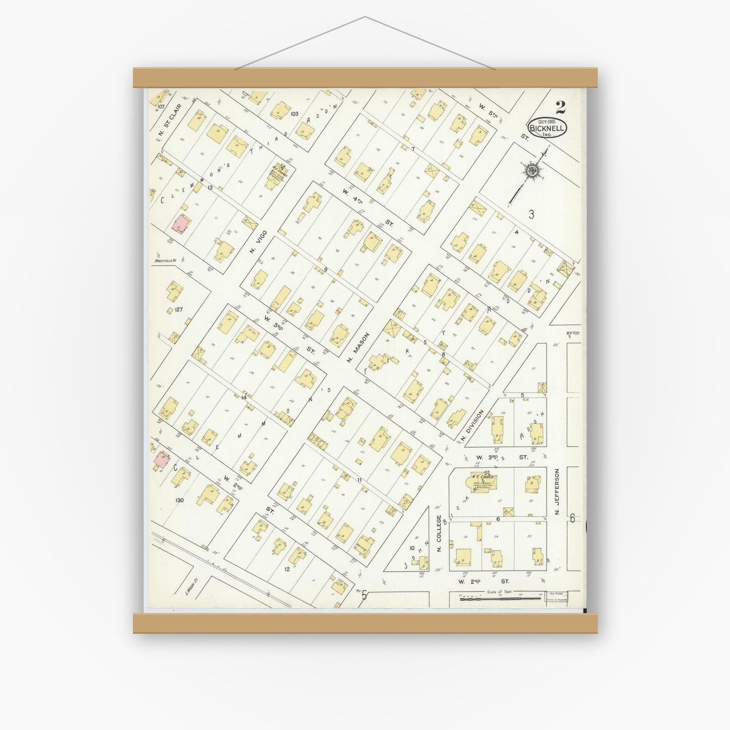 Old map wall art mockup — magnetic wood frame on white wall — Sanborn Fire Insurance Map from Bicknell, Knox County, Indiana (1915), Sheet #0002