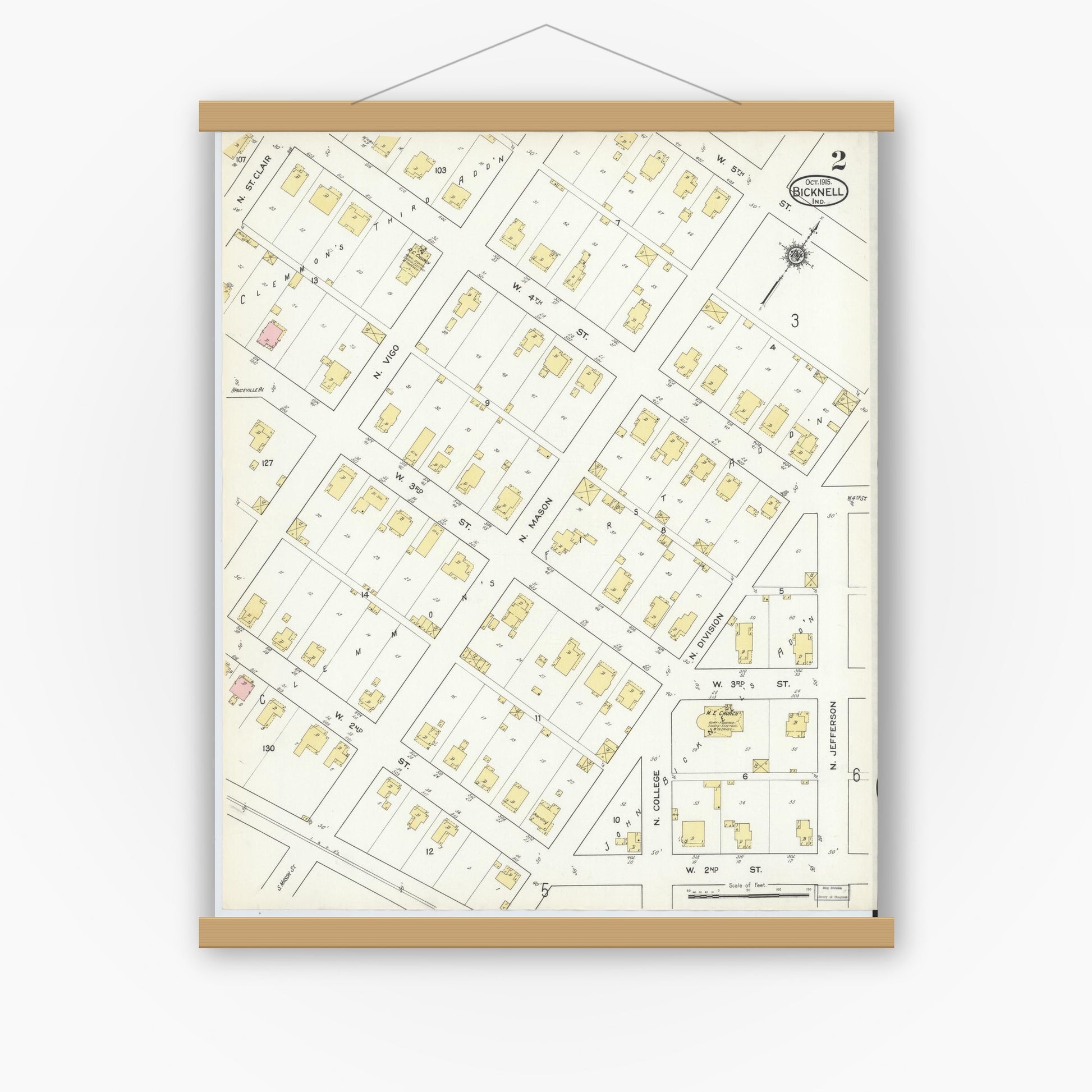 Old map wall art mockup — magnetic wood frame on white wall — Sanborn Fire Insurance Map from Bicknell, Knox County, Indiana (1915), Sheet #0002