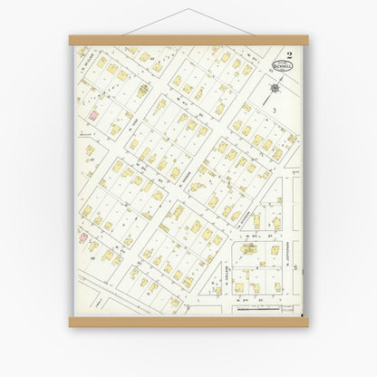 Old map wall art mockup — magnetic wood frame on white wall — Sanborn Fire Insurance Map from Bicknell, Knox County, Indiana (1915), Sheet #0002