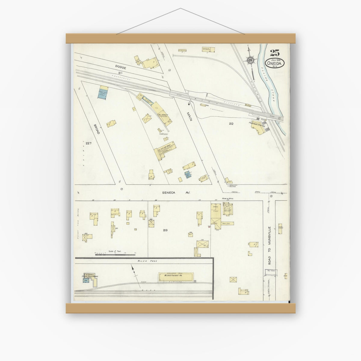 Old map wall art mockup — magnetic wood frame on white wall — Sanborn Fire Insurance Map from Oneida, Madison County, New York (1914), Sheet #0025