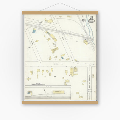 Old map wall art mockup — magnetic wood frame on white wall — Sanborn Fire Insurance Map from Oneida, Madison County, New York (1914), Sheet #0025