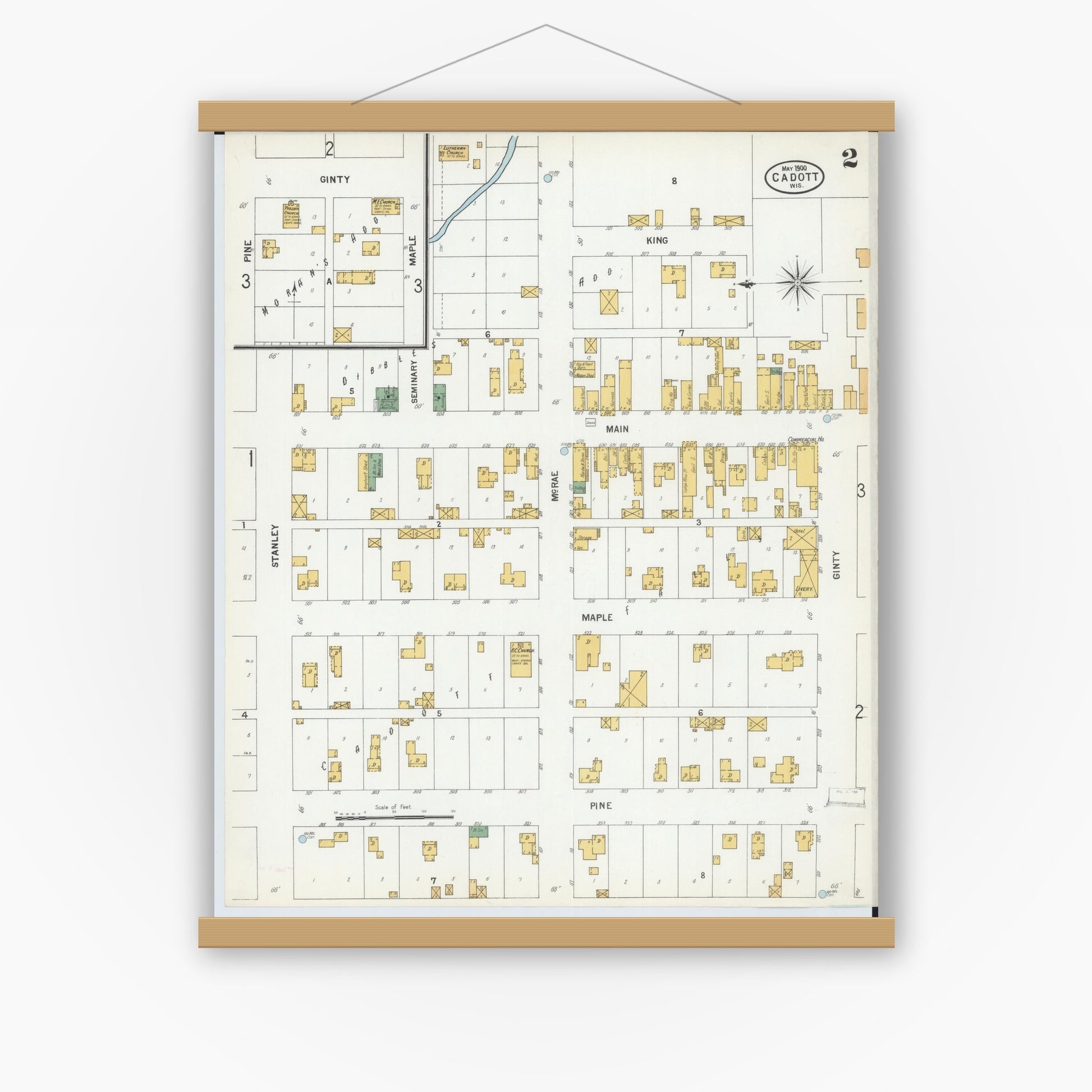 Old map wall art mockup — magnetic wood frame on white wall — Sanborn Fire Insurance Map from Cadott, Chippewa County, Wisconsin (1900), Sheet #0002