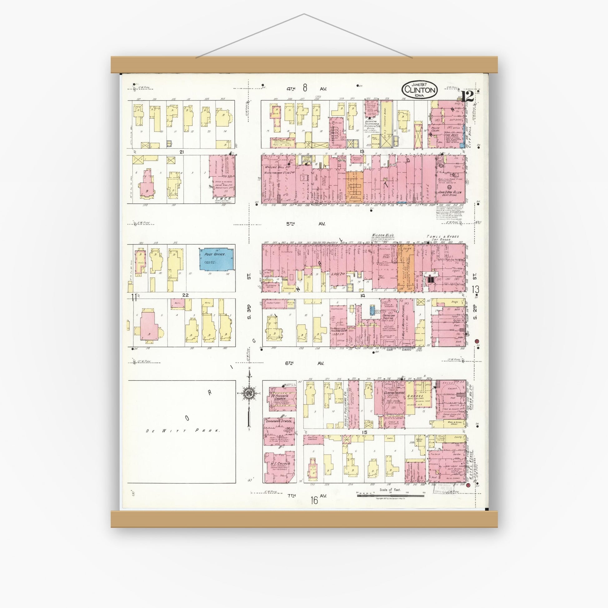 Old map wall art mockup — magnetic wood frame on white wall — Sanborn Fire Insurance Map from Clinton, Clinton County, Iowa (1917), Sheet #0012