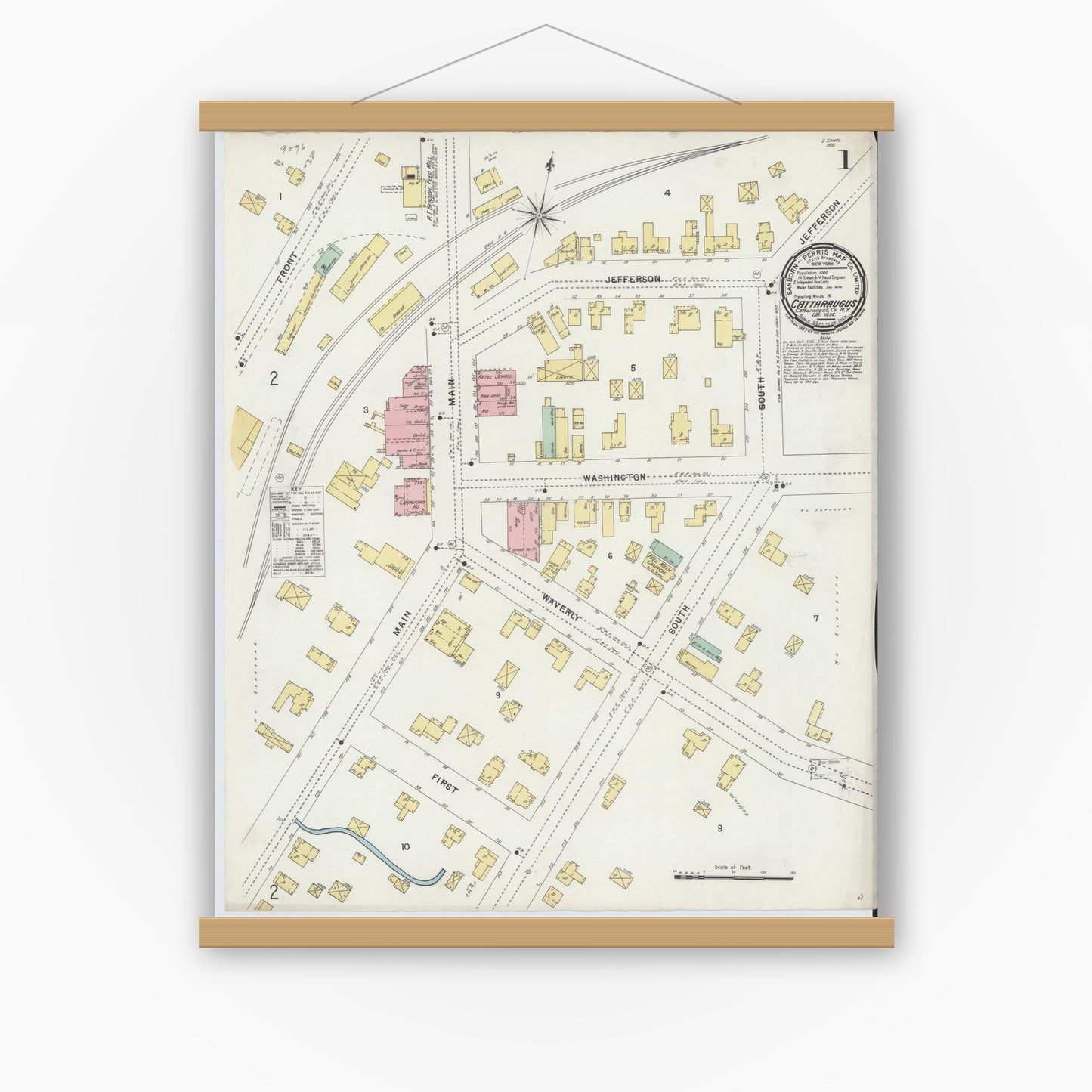Old map wall art mockup — magnetic wood frame on white wall — Sanborn Fire Insurance Map from Cattaraugus, Cattaraugus County, New York (1896), Sheet #0001
