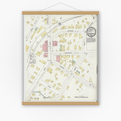 Old map wall art mockup — magnetic wood frame on white wall — Sanborn Fire Insurance Map from Cattaraugus, Cattaraugus County, New York (1896), Sheet #0001
