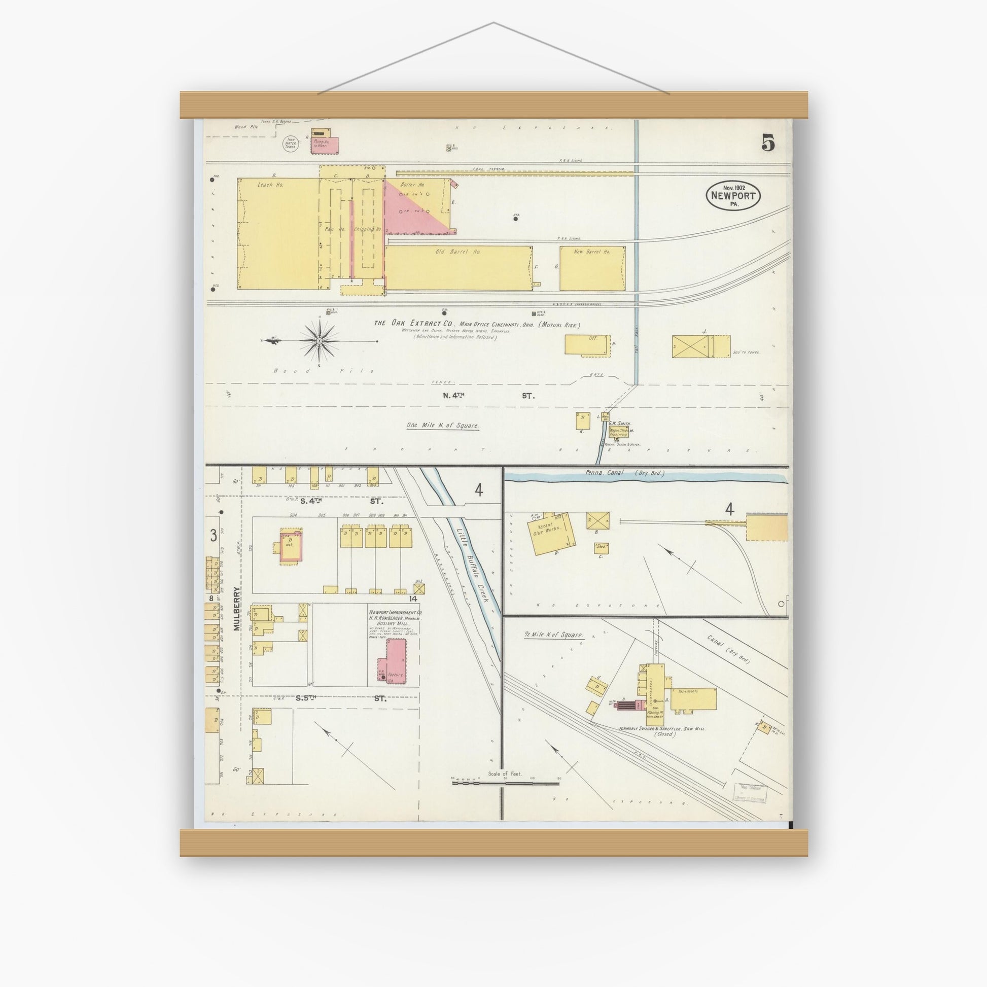 Old map wall art mockup — magnetic wood frame on white wall — Sanborn Fire Insurance Map from Newport, Perry County, Pennsylvania (1902), Sheet #0005