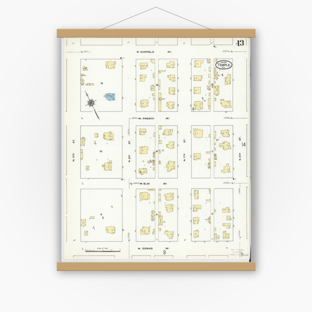 Old map wall art mockup — magnetic wood frame on white wall — Sanborn Fire Insurance Map from Temple, Bell County, Texas (1910), Sheet #0013
