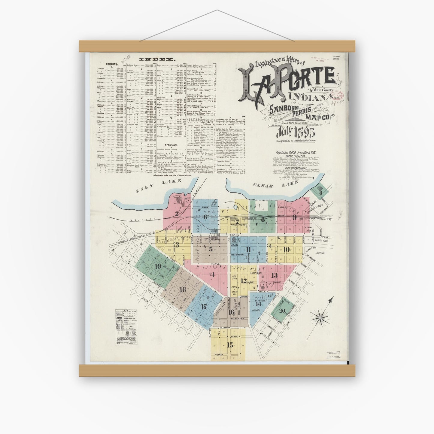 Old map wall art mockup — magnetic wood frame on white wall — Sanborn Fire Insurance Map from La Porte, La Porte County, Indiana (1895), Sheet #0001