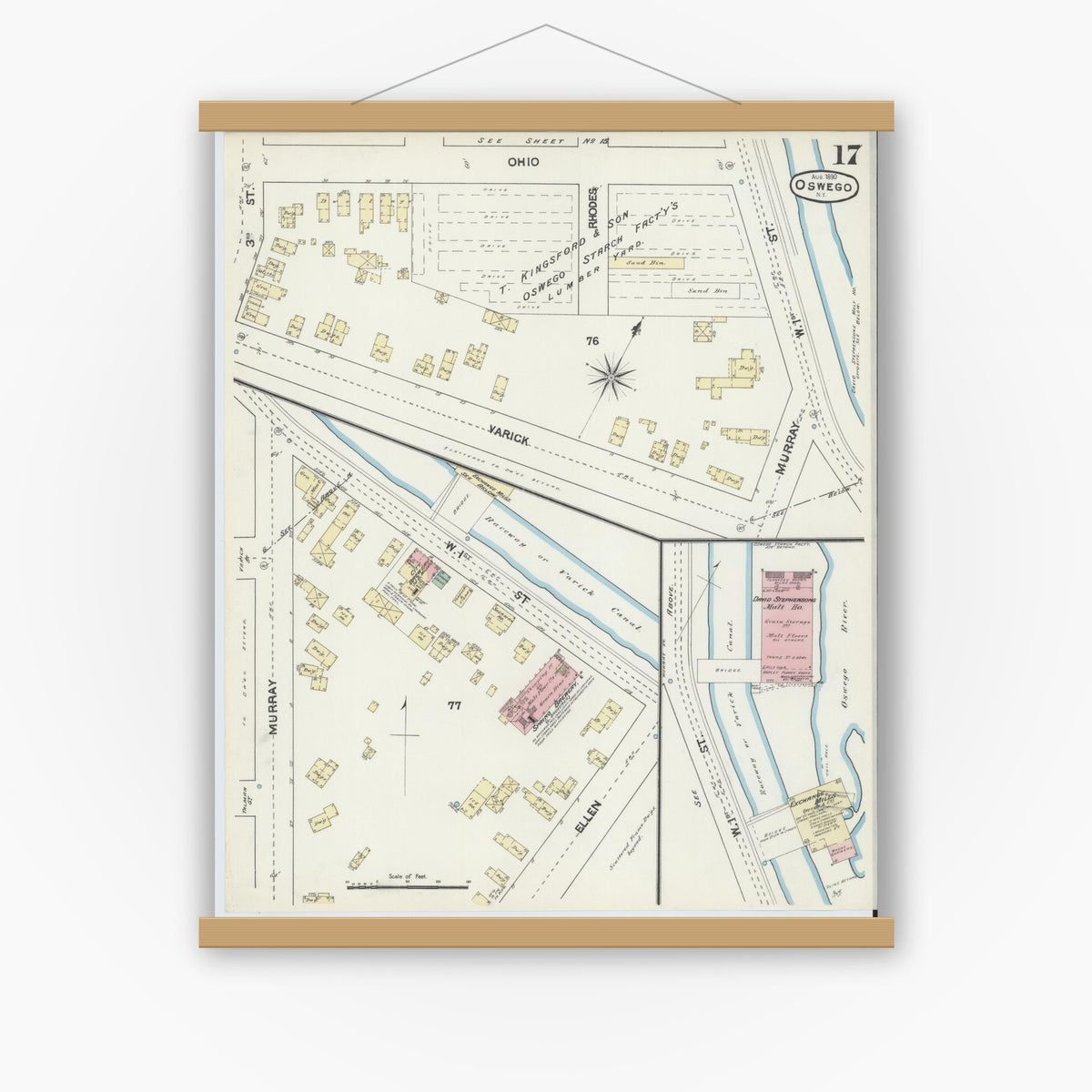 Old map wall art mockup — magnetic wood frame on white wall — Sanborn Fire Insurance Map from Oswego, Oswego County, New York (1890), Sheet #0017