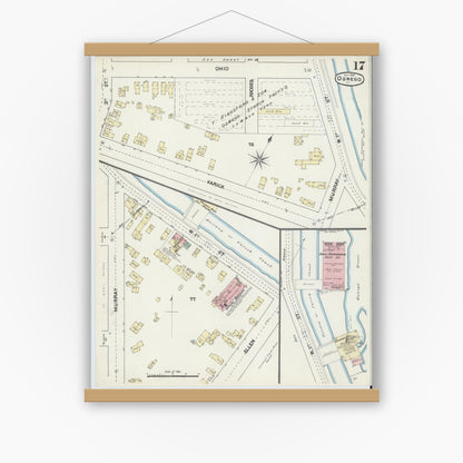 Old map wall art mockup — magnetic wood frame on white wall — Sanborn Fire Insurance Map from Oswego, Oswego County, New York (1890), Sheet #0017