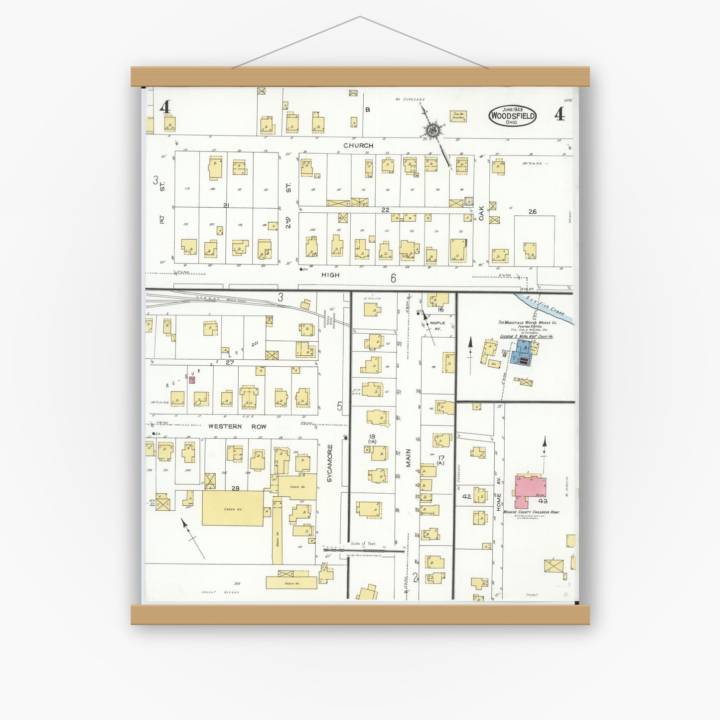 Old map wall art mockup — magnetic wood frame on white wall — Sanborn Fire Insurance Map from Woodsfield, Monroe County, Ohio (1923), Sheet #0004