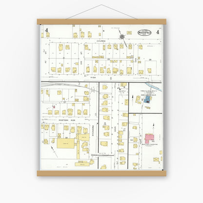 Old map wall art mockup — magnetic wood frame on white wall — Sanborn Fire Insurance Map from Woodsfield, Monroe County, Ohio (1923), Sheet #0004