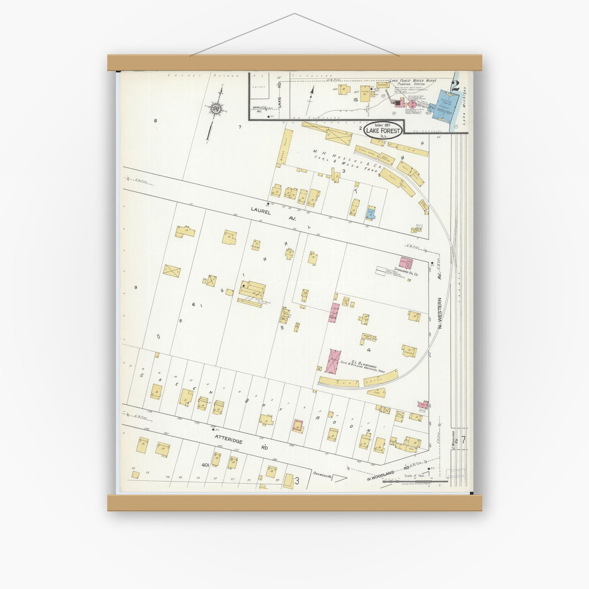 Old map wall art mockup — magnetic wood frame on white wall — Sanborn Fire Insurance Map from Lake Forest, Lake County, Illinois (1917), Sheet #0002