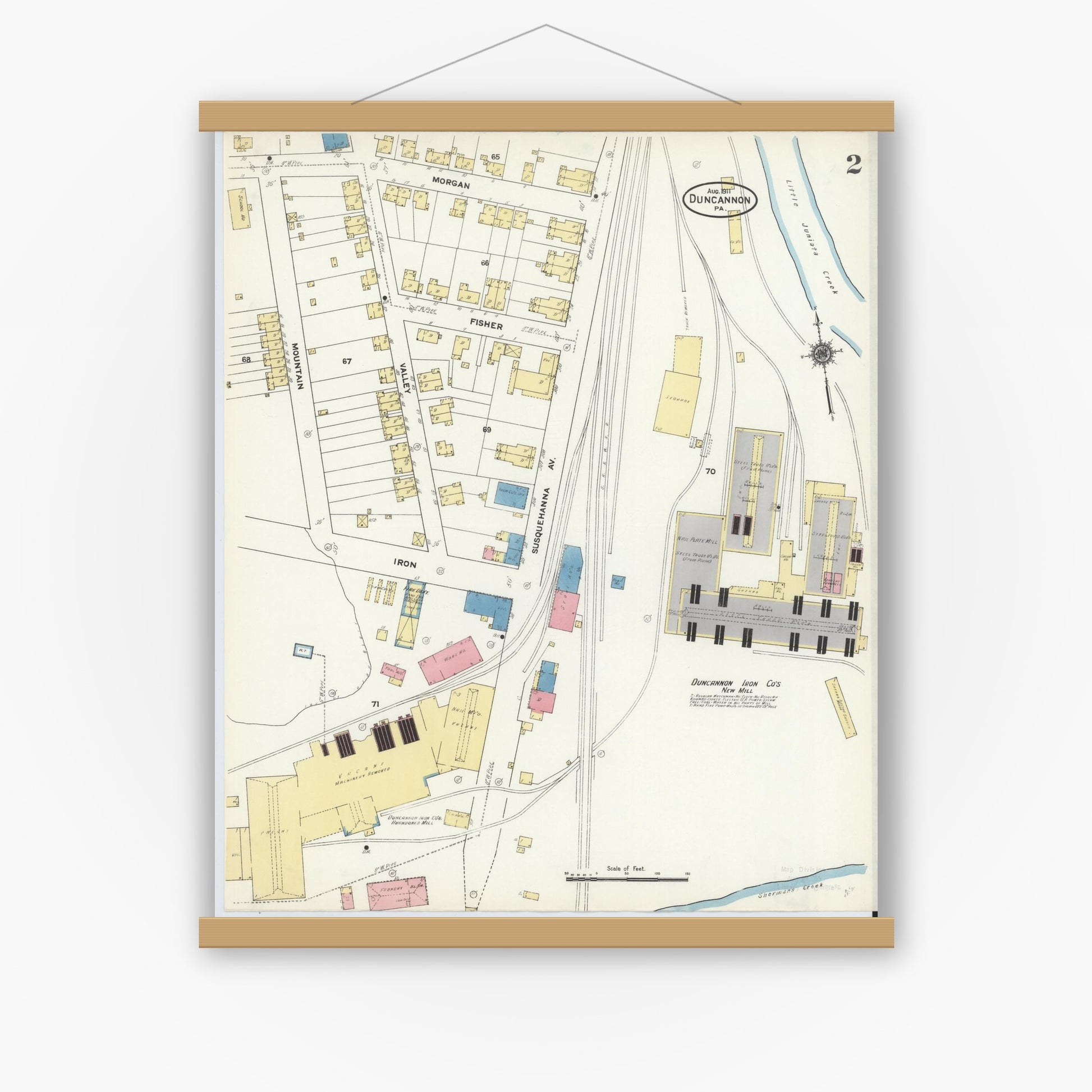 Old map wall art mockup — magnetic wood frame on white wall — Sanborn Fire Insurance Map from Duncannon, Perry County, Pennsylvania (1911), Sheet #0002
