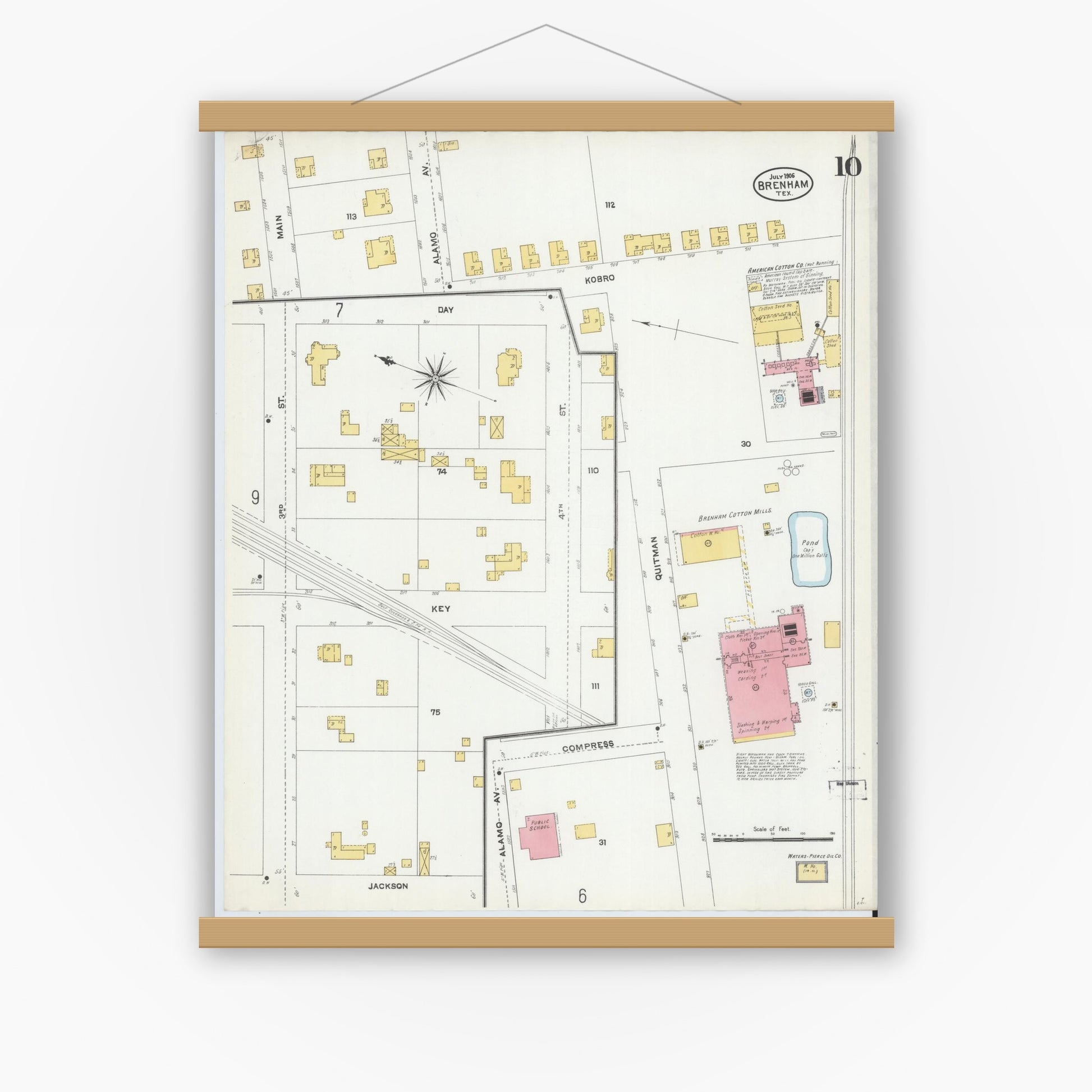 Old map wall art mockup — magnetic wood frame on white wall — Sanborn Fire Insurance Map from Brenham, Washington County, Texas (1906), Sheet #0010