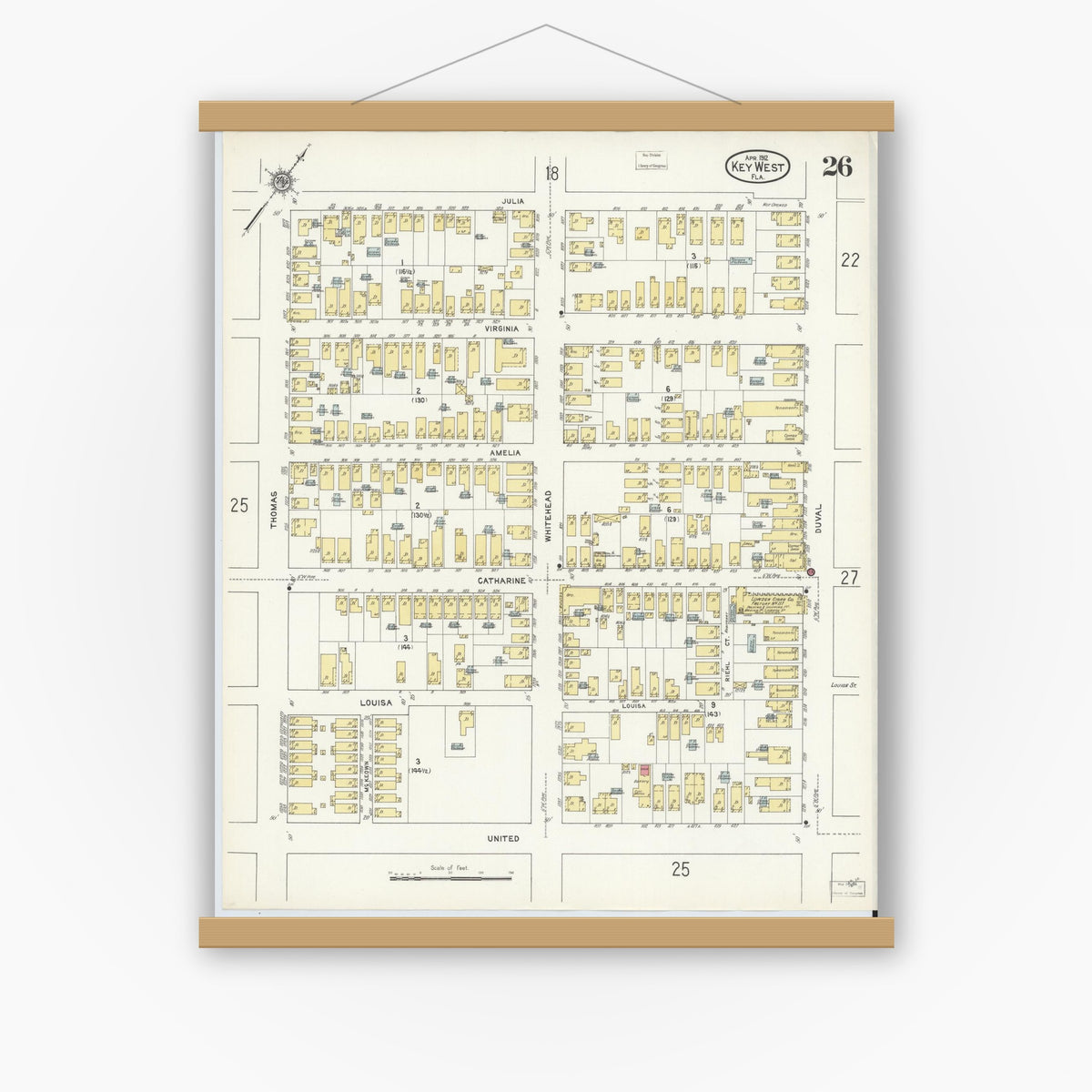 Old map wall art mockup — magnetic wood frame on white wall — Sanborn Fire Insurance Map from Key West, Monroe County, Florida (1912), Sheet #0026