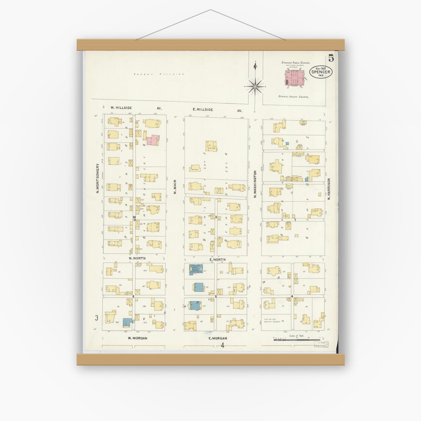 Old map wall art mockup — magnetic wood frame on white wall — Sanborn Fire Insurance Map from Spencer, Owen County, Indiana (1907), Sheet #0005