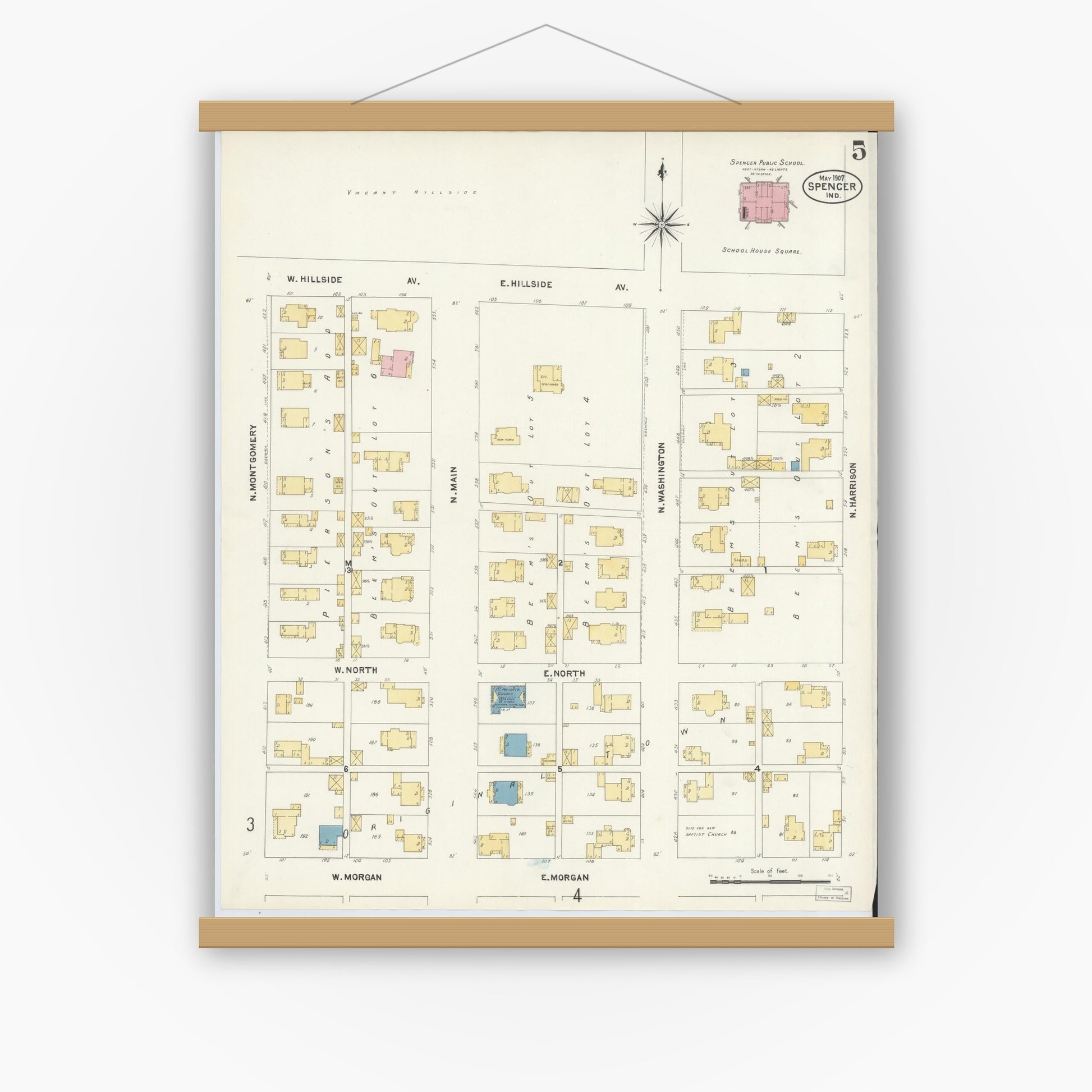 Old map wall art mockup — magnetic wood frame on white wall — Sanborn Fire Insurance Map from Spencer, Owen County, Indiana (1907), Sheet #0005