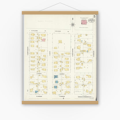 Old map wall art mockup — magnetic wood frame on white wall — Sanborn Fire Insurance Map from Spencer, Owen County, Indiana (1907), Sheet #0005