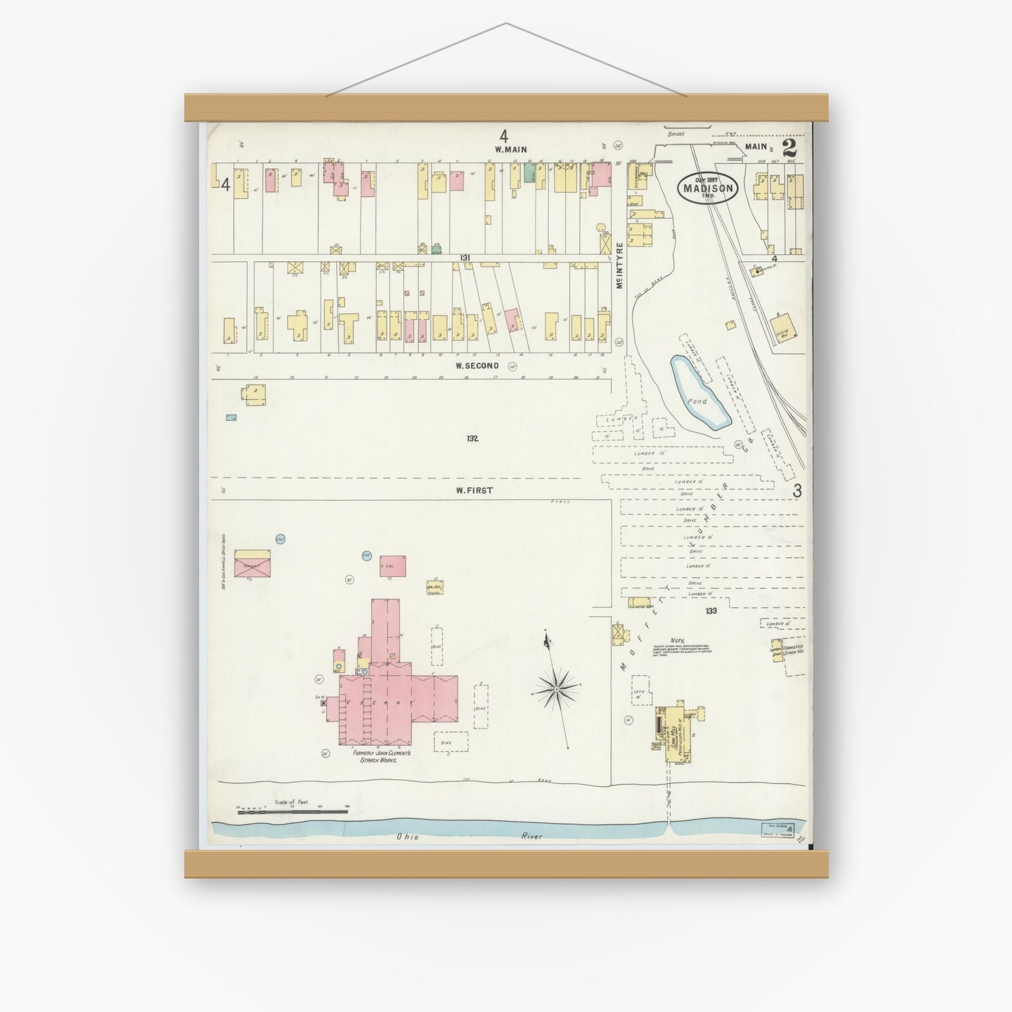 Old map wall art mockup — magnetic wood frame on white wall — Sanborn Fire Insurance Map from Madison, Jefferson County, Indiana (1897), Sheet #0002