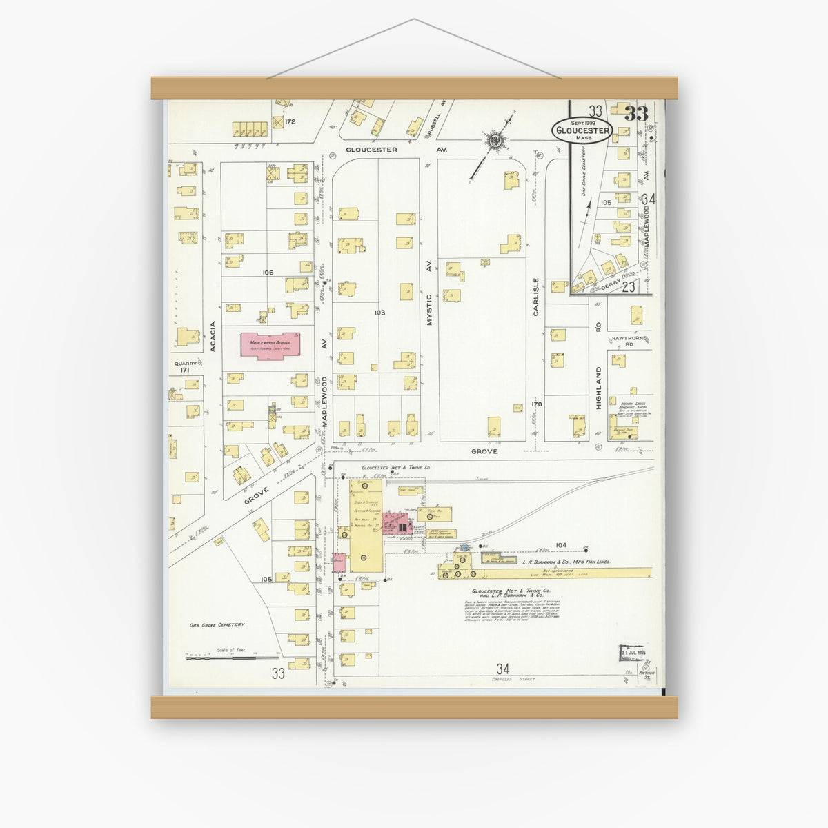 Old map wall art mockup — magnetic wood frame on white wall — Sanborn Fire Insurance Map from Gloucester, Essex County, Massachusetts (1909), Sheet #0033