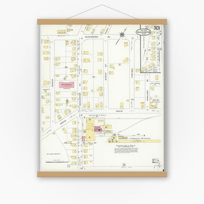 Old map wall art mockup — magnetic wood frame on white wall — Sanborn Fire Insurance Map from Gloucester, Essex County, Massachusetts (1909), Sheet #0033