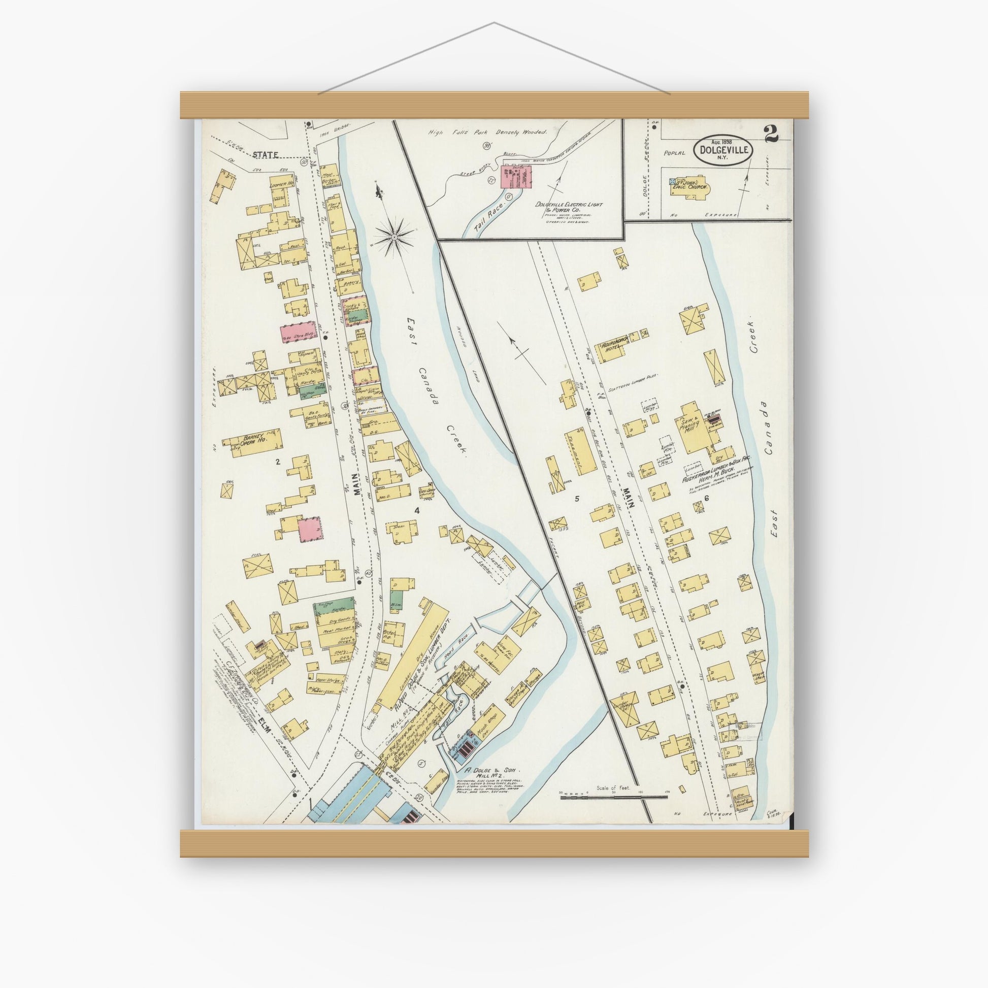 Old map wall art mockup — magnetic wood frame on white wall — Sanborn Fire Insurance Map from Dolgeville, Hirkimer County, New York (1898), Sheet #0002