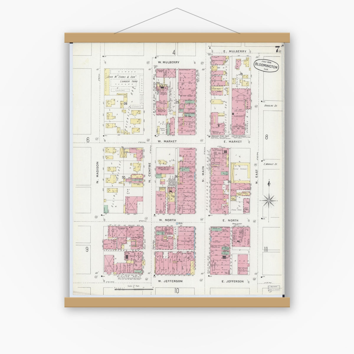 Old map wall art mockup — magnetic wood frame on white wall — Sanborn Fire Insurance Map from Bloomington, McLean County, Illinois (1896), Sheet #0007