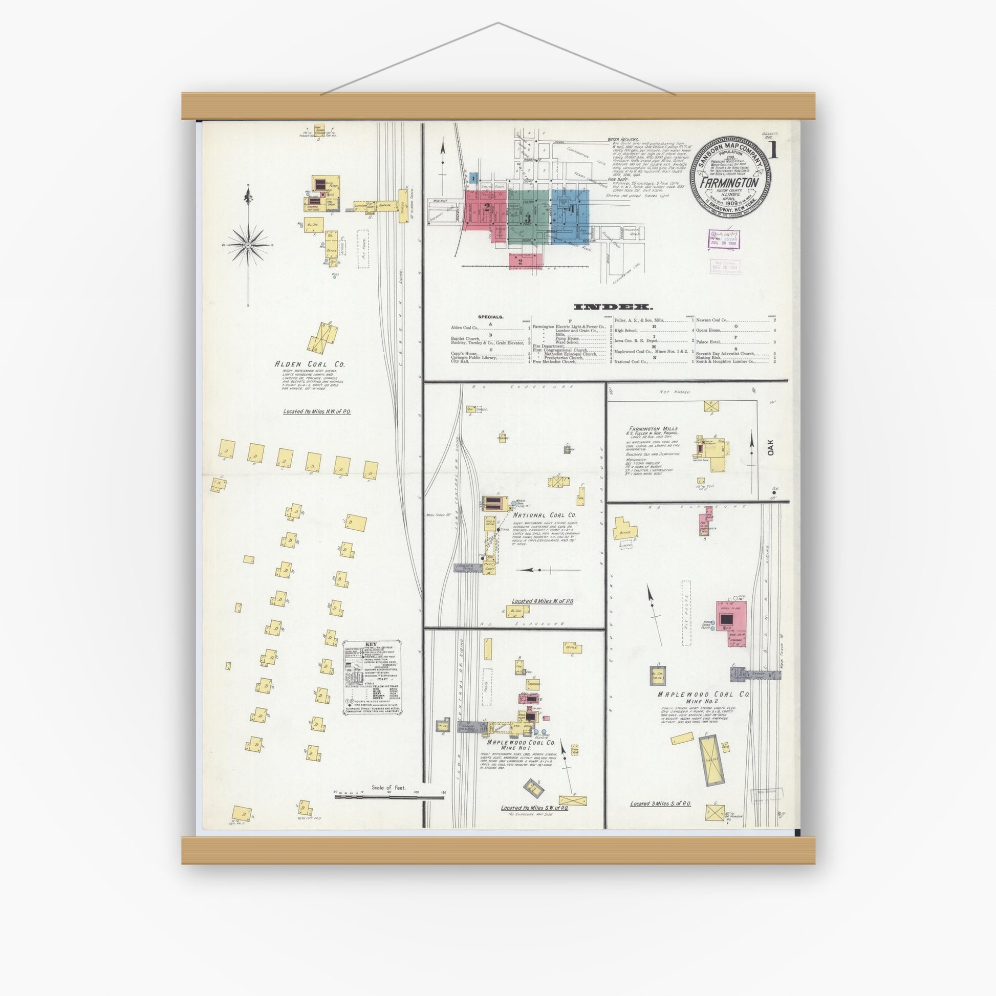 Old map wall art mockup — magnetic wood frame on white wall — Sanborn Fire Insurance Map from Farmington, Fulton County, Illinois (1909) - Complete Map Set