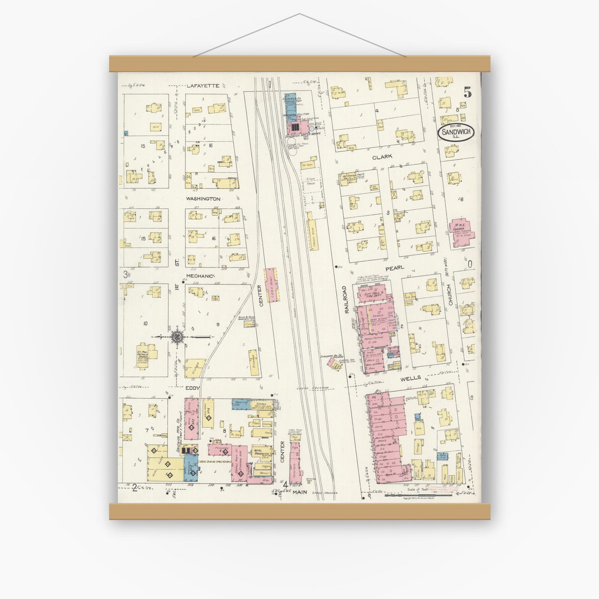 Old map wall art mockup — magnetic wood frame on white wall — Sanborn Fire Insurance Map from Sandwich, De Kalb County, Illinois (1921), Sheet #0005