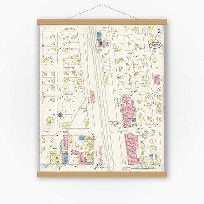 Old map wall art mockup — magnetic wood frame on white wall — Sanborn Fire Insurance Map from Sandwich, De Kalb County, Illinois (1921), Sheet #0005