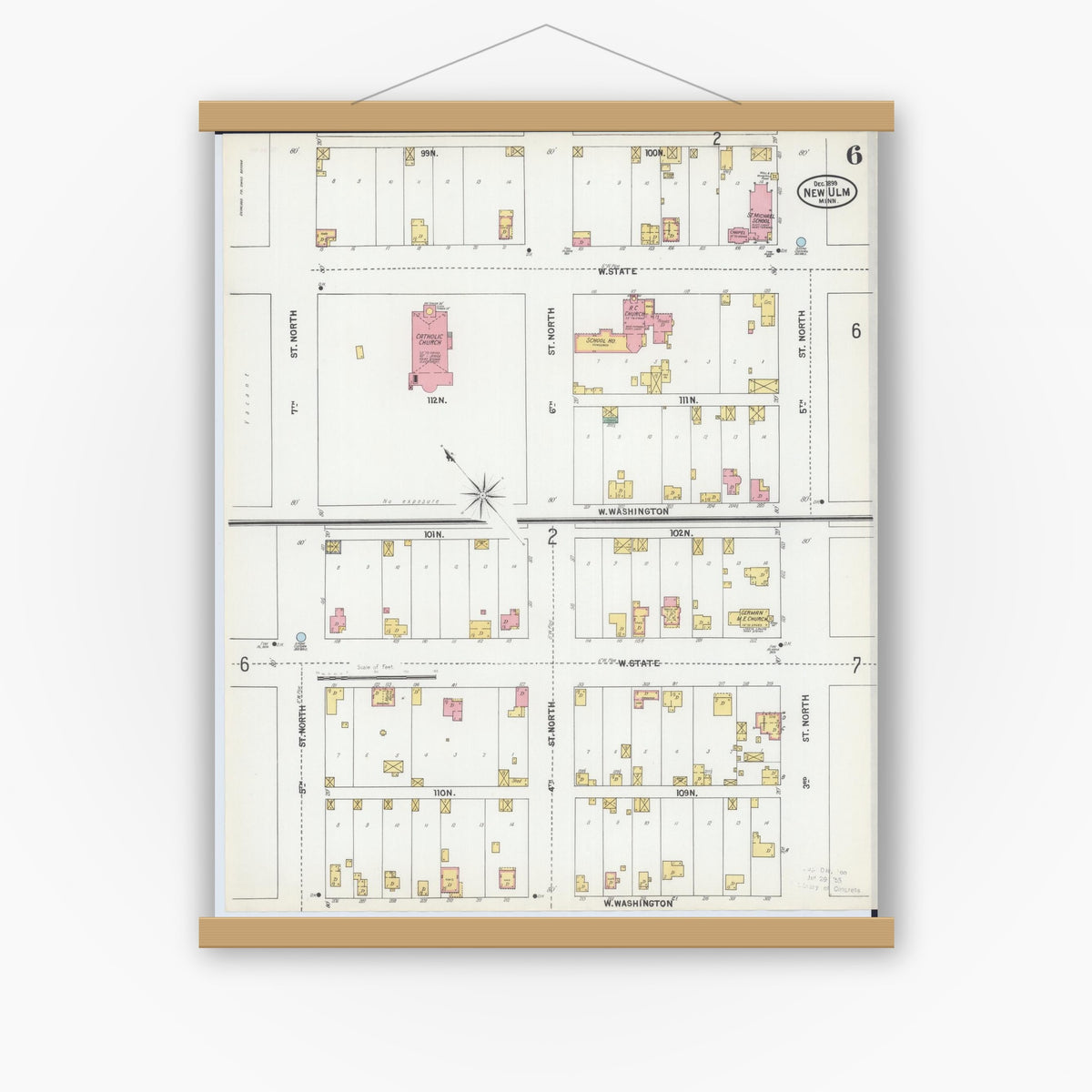 Old map wall art mockup — magnetic wood frame on white wall — Sanborn Fire Insurance Map from New Ulm, Brown County, Minnesota (1899), Sheet #0006