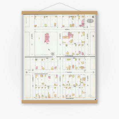 Old map wall art mockup — magnetic wood frame on white wall — Sanborn Fire Insurance Map from New Ulm, Brown County, Minnesota (1899), Sheet #0006