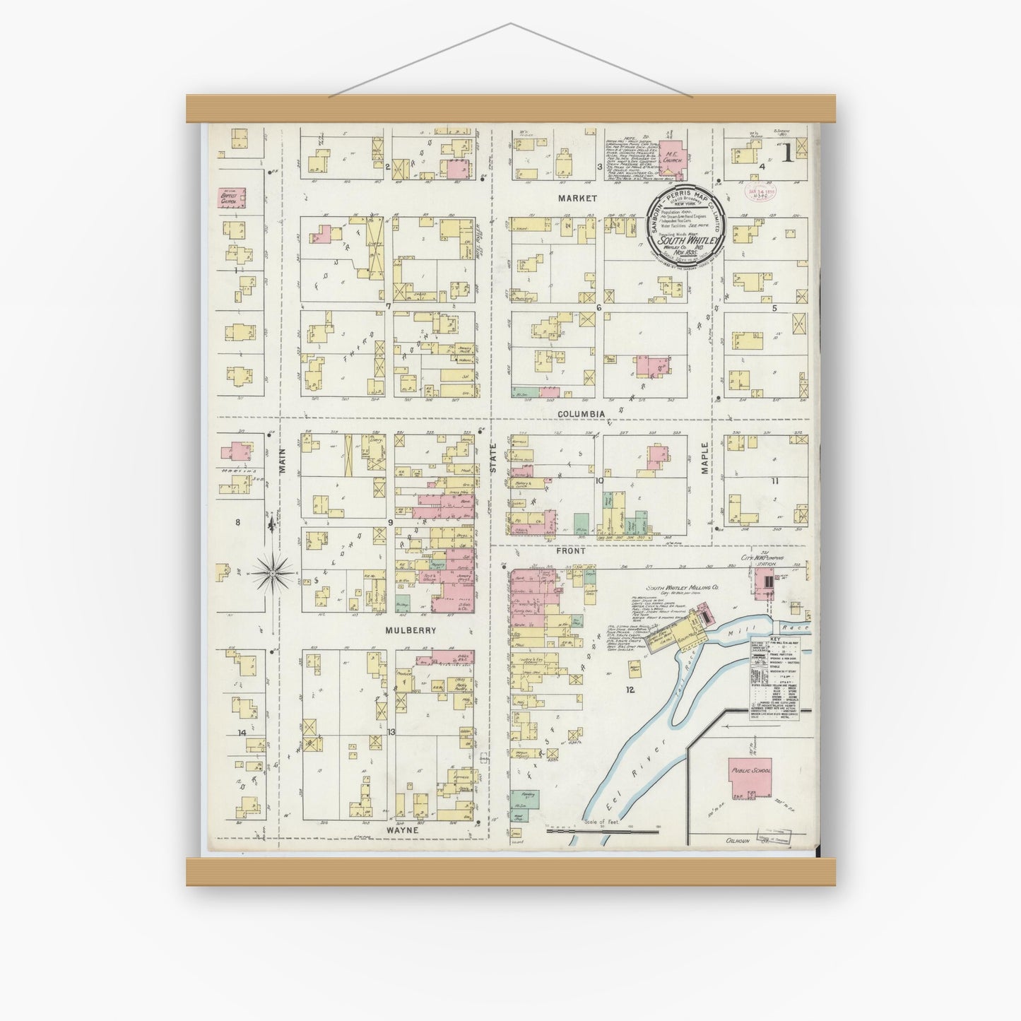Old map wall art mockup — magnetic wood frame on white wall — Sanborn Fire Insurance Map from South Whitley, Whitley County, Indiana (1895) - Complete Map Set