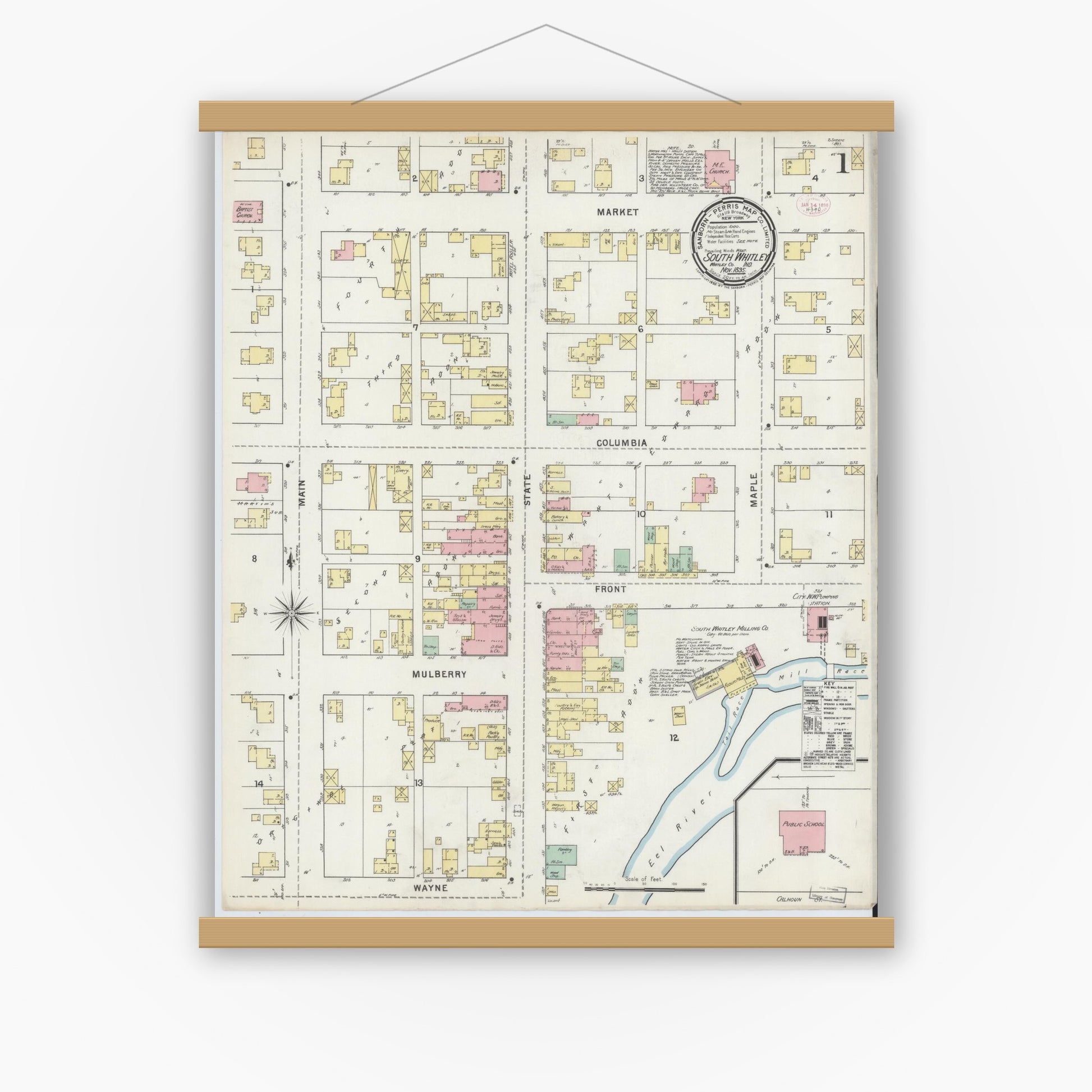Old map wall art mockup — magnetic wood frame on white wall — Sanborn Fire Insurance Map from South Whitley, Whitley County, Indiana (1895) - Complete Map Set