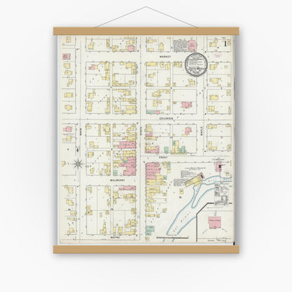 Old map wall art mockup — magnetic wood frame on white wall — Sanborn Fire Insurance Map from South Whitley, Whitley County, Indiana (1895) - Complete Map Set