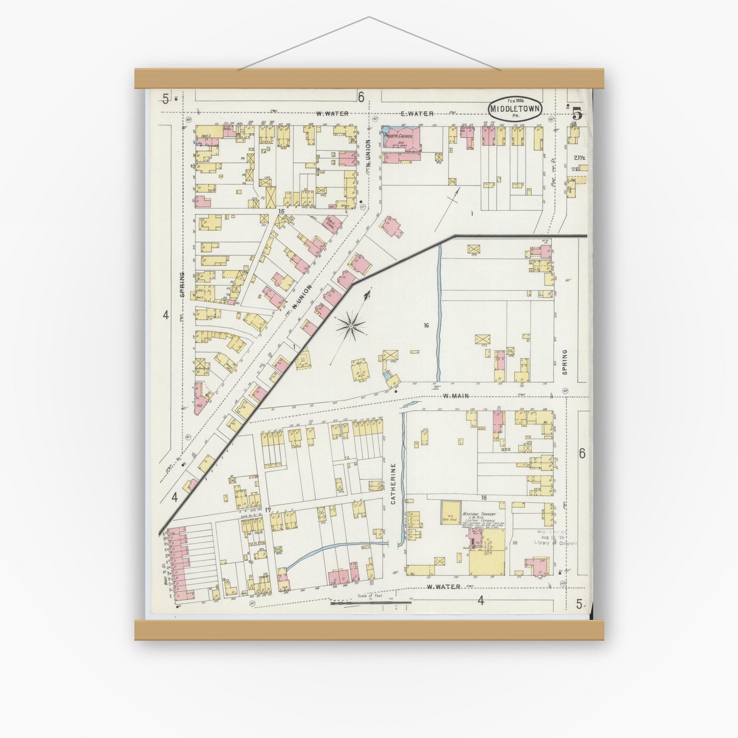 Old map wall art mockup — magnetic wood frame on white wall — Sanborn Fire Insurance Map from Middletown, Dauphin County, Pennsylvania (1896), Sheet #0005