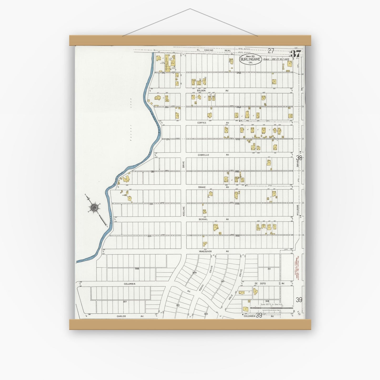 Old map wall art mockup — magnetic wood frame on white wall — Sanborn Fire Insurance Map from Burlingame, San Mateo County, California (1921), Sheet #0037