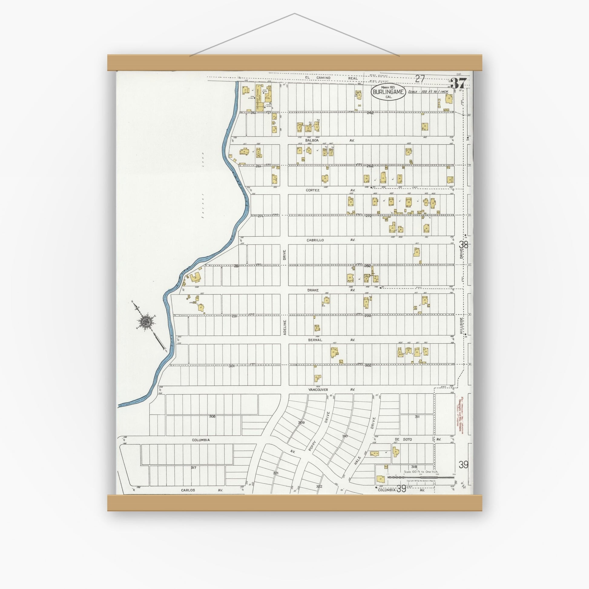 Old map wall art mockup — magnetic wood frame on white wall — Sanborn Fire Insurance Map from Burlingame, San Mateo County, California (1921), Sheet #0037