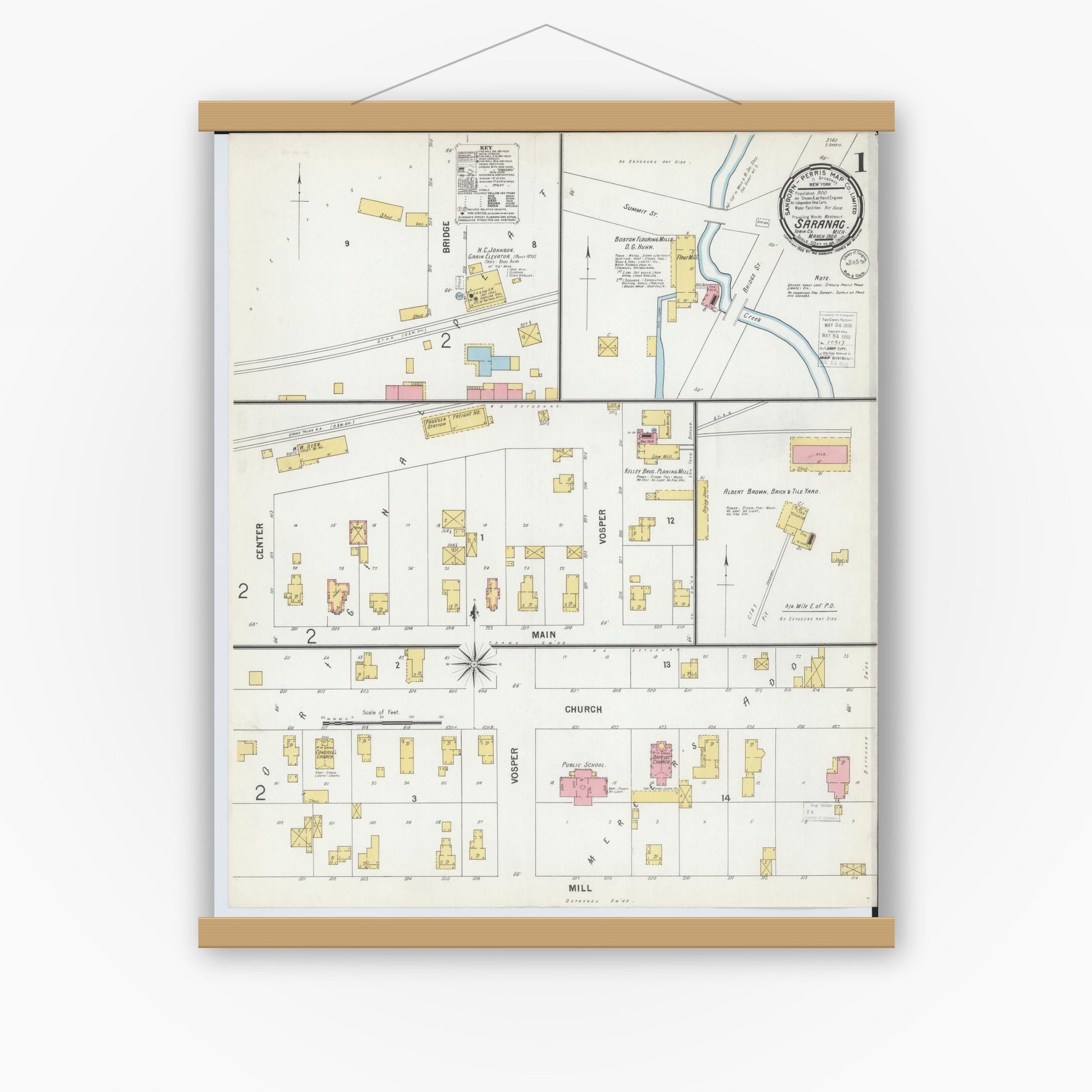 Old map wall art mockup — magnetic wood frame on white wall — Sanborn Fire Insurance Map from Saranac, Ionia County, Michigan (1900) - Complete Map Set