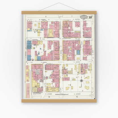 Old map wall art mockup — magnetic wood frame on white wall — Sanborn Fire Insurance Map from Orlando, Orange County, Florida (1919), Sheet #0010
