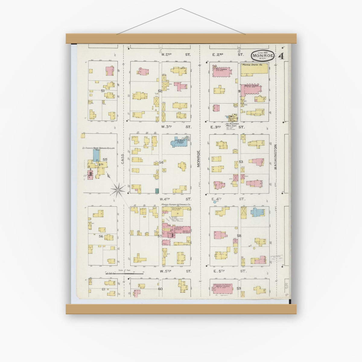 Old map wall art mockup — magnetic wood frame on white wall — Sanborn Fire Insurance Map from Monroe, Monroe County, Michigan (1893), Sheet #0004