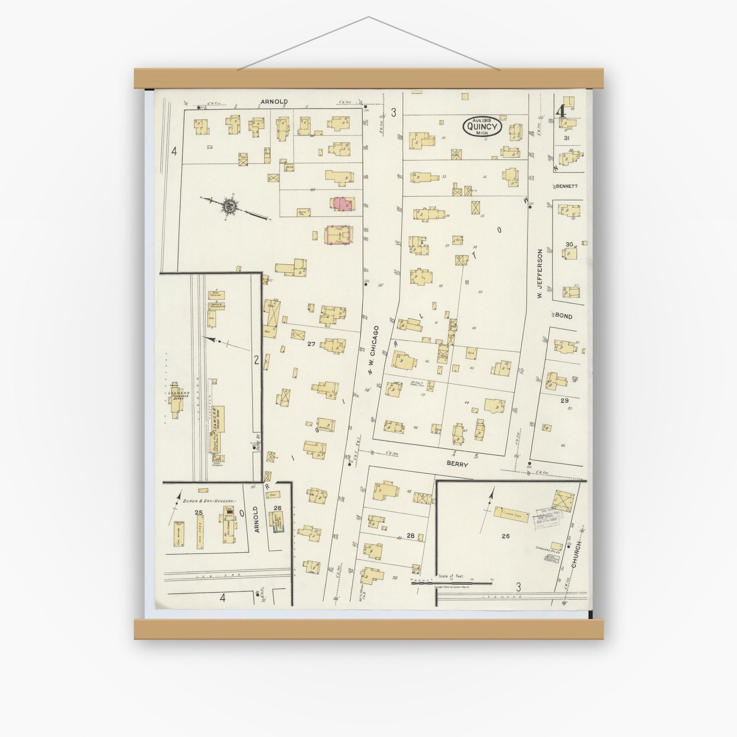 Old map wall art mockup — magnetic wood frame on white wall — Sanborn Fire Insurance Map from Quincy, Branch County, Michigan (1919), Sheet #0004