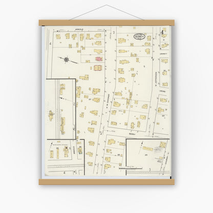 Old map wall art mockup — magnetic wood frame on white wall — Sanborn Fire Insurance Map from Quincy, Branch County, Michigan (1919), Sheet #0004