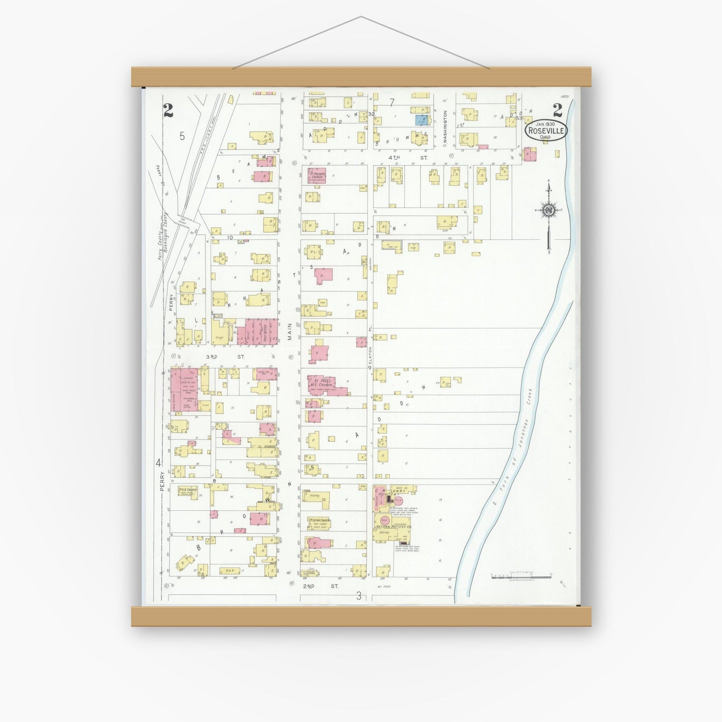 Old map wall art mockup — magnetic wood frame on white wall — Sanborn Fire Insurance Map from Roseville, Perry And Muskingum Counties, Ohio (1930), Sheet #0002