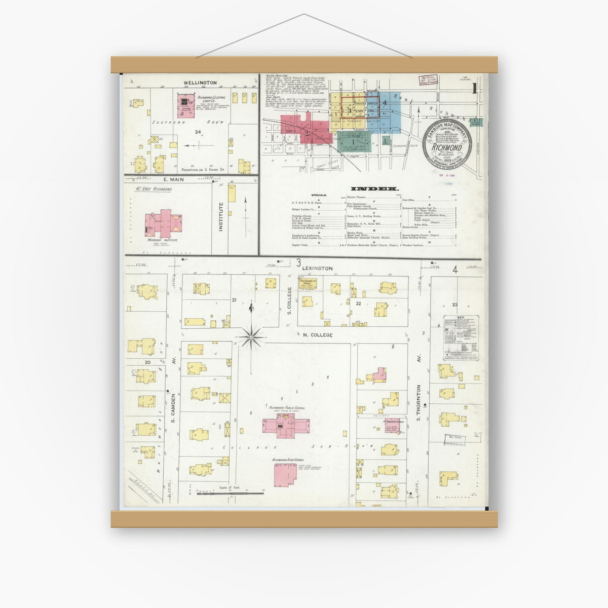 Old map wall art mockup — magnetic wood frame on white wall — Sanborn Fire Insurance Map from Richmond, Ray County, Missouri (1909) - Complete Map Set