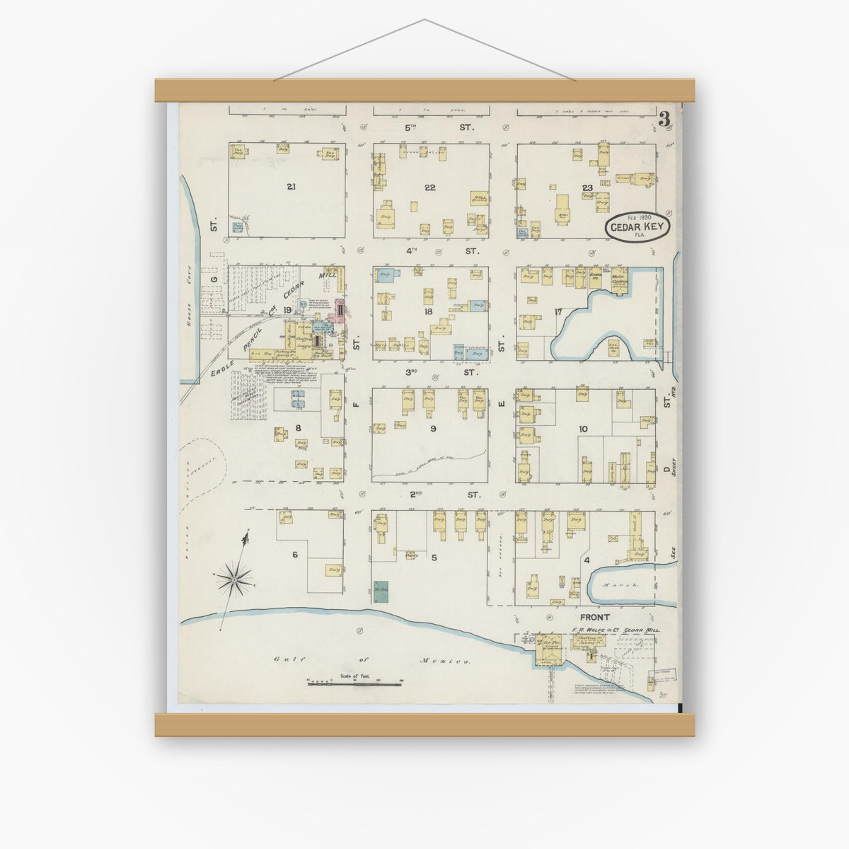 Old map wall art mockup — magnetic wood frame on white wall — Sanborn Fire Insurance Map from Cedar Key, Levy County, Florida (1890), Sheet #0003