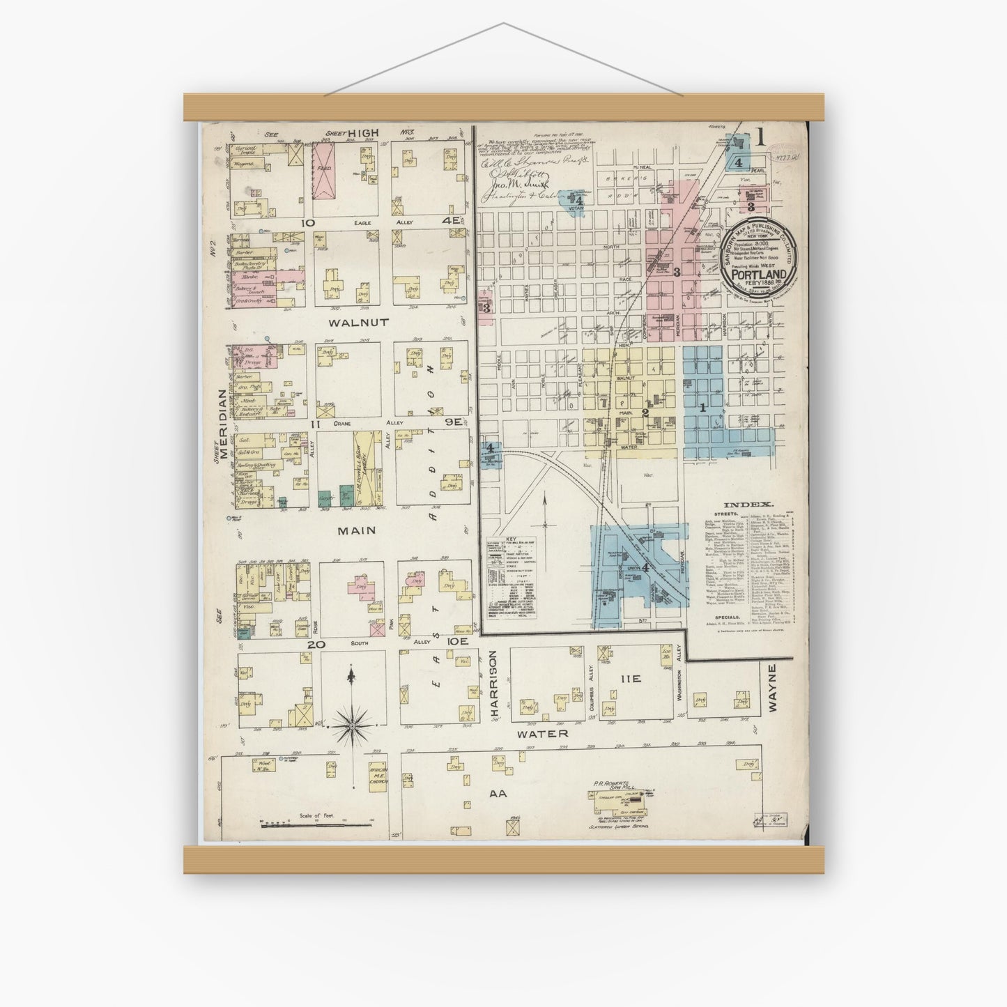 Old map wall art mockup — magnetic wood frame on white wall — Sanborn Fire Insurance Map from Portland, Jay County, Indiana (1886) - Complete Map Set
