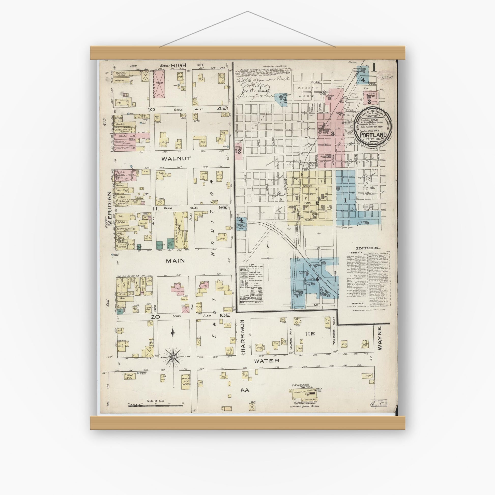 Old map wall art mockup — magnetic wood frame on white wall — Sanborn Fire Insurance Map from Portland, Jay County, Indiana (1886) - Complete Map Set